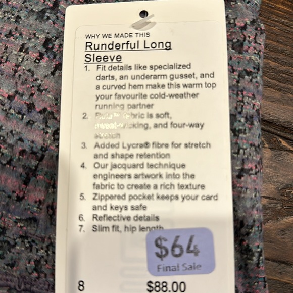 Lululemon Runderful Long Sleeve. NWT. Size 8 - Picture 3 of 6